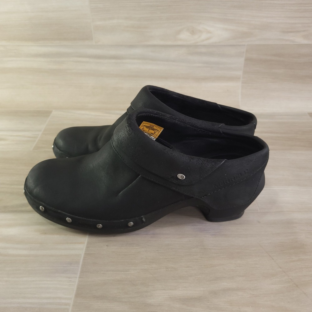 Merrell Luxe Wrap Clogs Size 8.5 Black Studded Slip On Block Heel Casual Leather